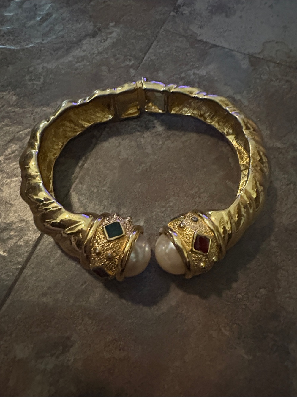 Gold-Tone Pearl Cuff Bracelet with Multicolor Gem Accents